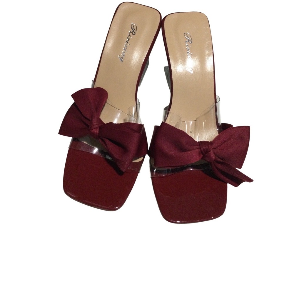 Ririxing Burgundy Satin Bow Clear Block Heel Sandals Square Toe Mules Wine Red 8